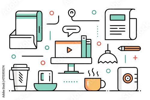 Modern workspace vector illustration with computer coffee and office supplies