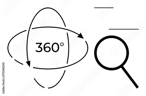 Circular arrows indicating 360-degree rotation paired with a magnifying glass represent exploration, analysis, and comprehensive view. Ideal for investigation, discovery, search, exploration