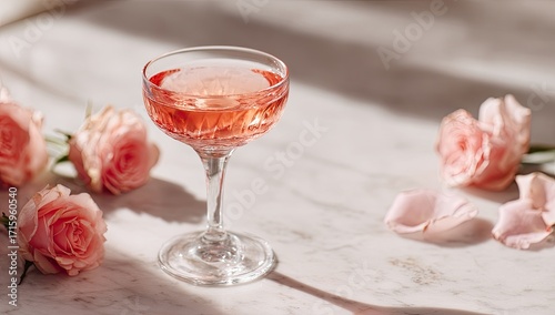 Rose-tinted cocktail, surrounded by blooms
