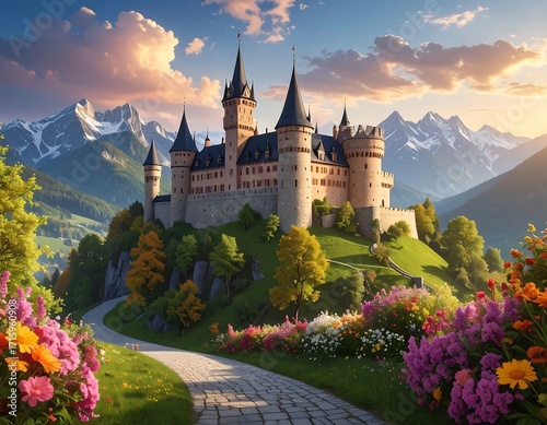 Wallpaper Mural Majestic castle atop a hill, vibrant flowers, sunrise Torontodigital.ca