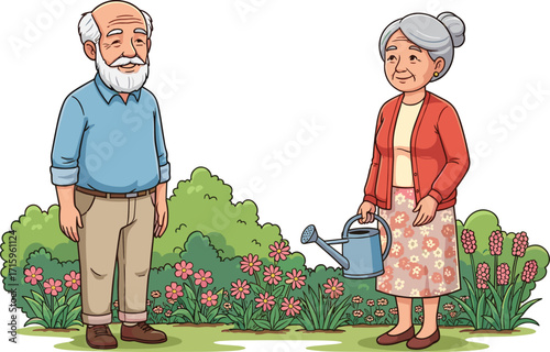 Elderly couple gardening together in colorful flower garden, senior man and woman enjoying nature, watering plants, outdoor lifestyle, peaceful retirement scene