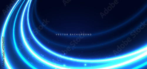 Futuristic blue glowing neon curve rays on dark background. Speed movement future.
