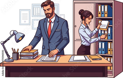 Professional office teamwork, business people working, document organization, corporate workplace, filing cabinet, paperwork management, administrative tasks, office attire,