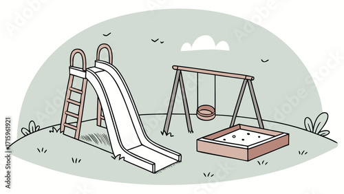 Simple playground with swings, slide, and sandbox, plain sky background, bright flat colors, minimal detail.