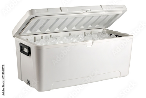 Large ice chest cooler with open lid filled with ice cubes for camping or outdoor recreational use