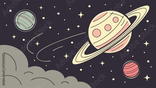 Dark cartoon space with stars, planets, and simple floating clouds of cosmic dust. Flat vector style, minimal and clean.
