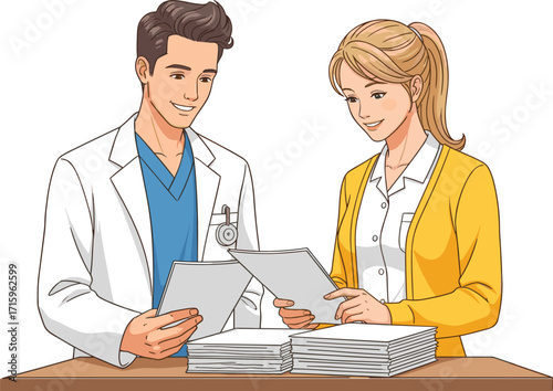 Medical professional, healthcare administrator, teamwork, collaboration, document review, hospital meeting, patient care planning, office discussion, smiling colleagues,