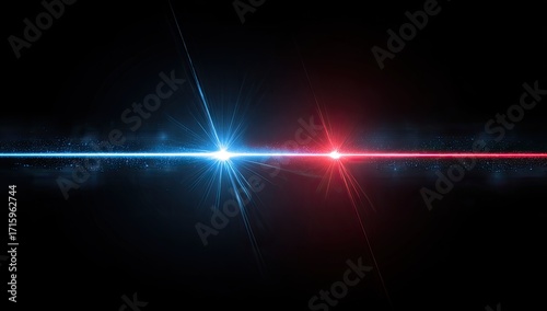 Two opposing light beams, blue and red, against a black background