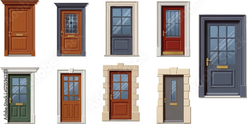 This collection shows a **variety of classic residential front door designs**