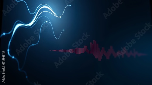 Dynamic abstract data visualization with glowing lines and audio waveform representing sound waves in dark space