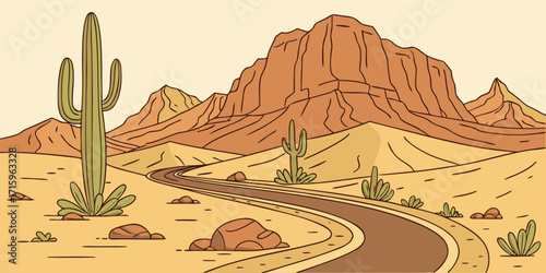Desert landscape vector cartoon illustration with highway road, rocks, and cactuses. Scenic summer view of hot sand desert with orange mountains, blue sky, and western American atmosphere, inspired by