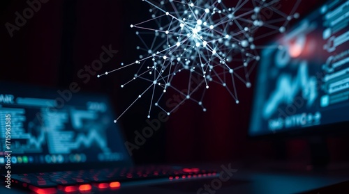 Dynamic data visualization and analysis on modern tech screens with interconnected network and glowing interface