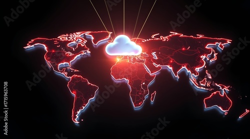 Global cloud technology concept with world map and data transfer, ideal for digital transformation and secure networks