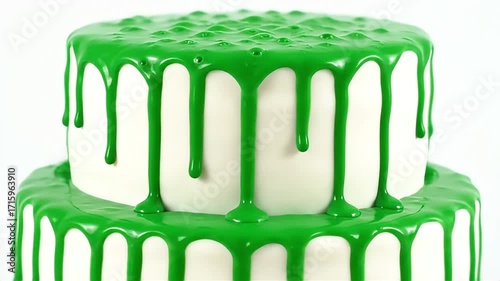 Vibrant green glaze drips decadently down a two-tiered white cake, creating a fun, festive dessert.