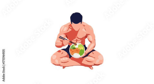 Athletic Man Eating Poke Bowl Zen Pose Vector