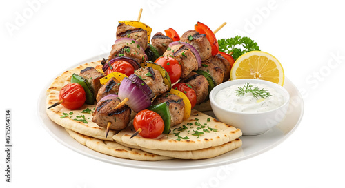 Greek souvlaki skewers with pita bread and tzatziki isolated isolated on transparent background