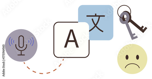 Microphone, translation blocks with letters, keys, and a sad face. Ideal for language learning, communication, translation, accessibility emotions security problem-solving. A simple flat metaphor