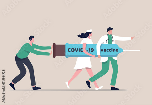 COVID-19 Vaccine treatment or medicine to cure coronavirus concept, medical professional doctor, nurse and patient help carry COVID-19 vaccine syringe and needle and walking to kill virus, flat design