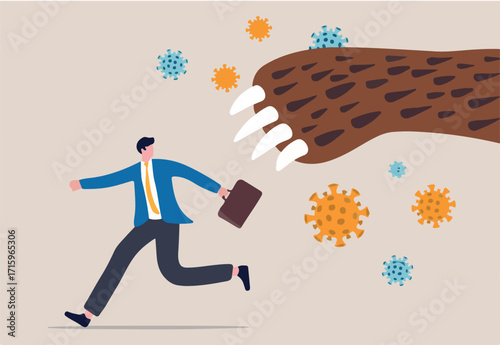 Bear market by COVID-19 Virus pandemic, stock market panic sell from novel corona virus, investor sell all their assets concept, panic businessman run away from bear claw with COVID-19 virus pathogens