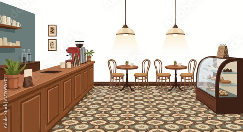 A charming interior cafe with warm lighting and classic tiled flooring