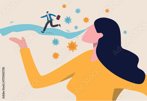 COVID-19 virus flu infection, coronavirus outbreak or spreading from people concept, Sick girl with flu, runny nose blow her nose with snot, nasal fluid with business man run away from Virus pathogen