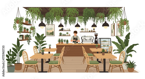 A charming urban coffeehouse filled with lush greenery and tranquil ambiance