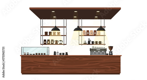 A cozy coffee shop interior design with rustic wooden counter design