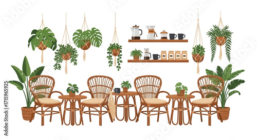 Aesthetically Pleasing Bohemian Interior Decor with Plants and Coffee Corner