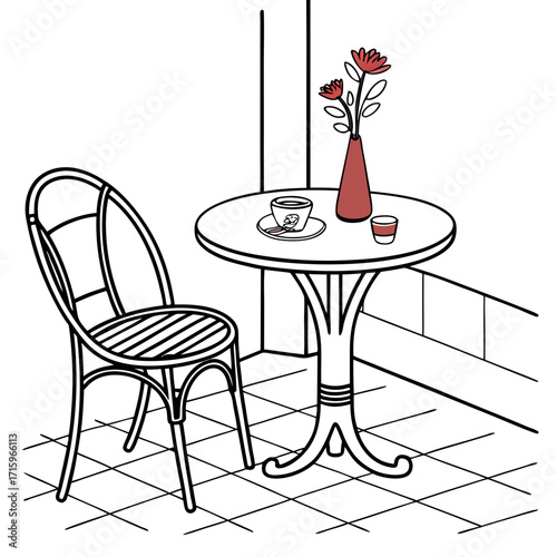 Charming hand drawn illustration of a cafe table with a chair coffee cup and flowers in a vase