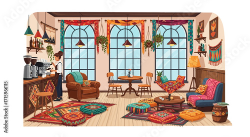 Bohemian cafe interior with barista, colorful rugs, and cozy seating