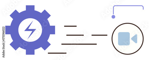 Gear with bolt inside linked to video icon via arrows, emphasizing automation, technology, and energy. Ideal for innovation, efficiency, sustainable tech, video tools, automation digital systems