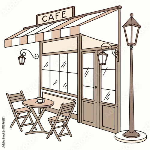 Charming hand drawn illustration of a quaint outdoor cafe with seating and a street lamp