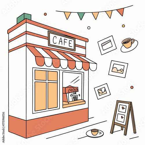 Charming hand drawn illustration of a quaint cafe with a colorful awning and decorative bunting