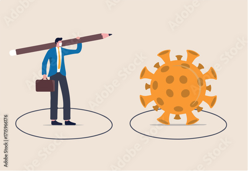 Social distancing, keep distance in public society people to protect from COVID-19 coronavirus outbreak spreading concept, businessman keep distance away by drawing circle with virus pathogens