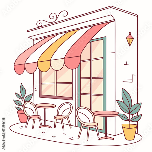 Charming illustration of a european style cafe storefront with outdoor seating and potted plants