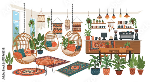 Bohemian style cafe interior with hanging chairs and plants illustration