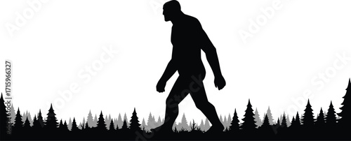 Silhouette of Bigfoot Walking Through Forest Trees
