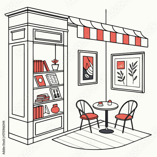 Cozy bookstore cafe with outdoor seating area and shelves filled with books and decorative items