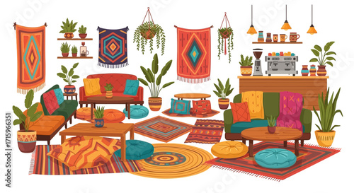 Bohemian styled living room arrangement with vintage furniture and house plants
