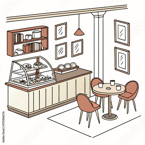 Cozy cafe interior with a display case of pastries and a small dining area with chairs and a table