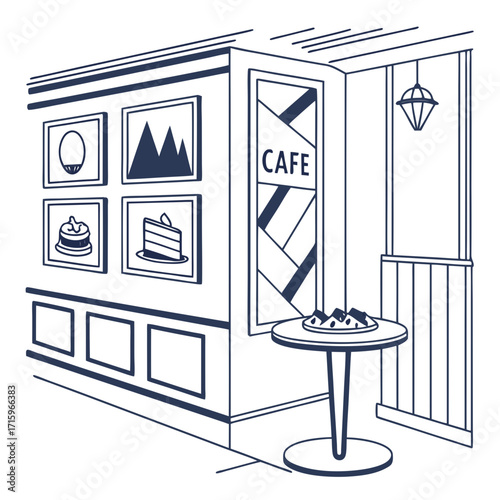 Cozy cafe interior with artwork on the wall and a table with pastries by the window