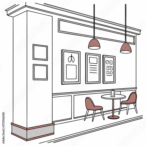 Cozy cafe interior with two chairs and a table framed art on the wall and pendant lights