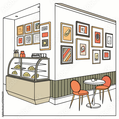 Cozy cafe interior with display case of pastries and artwork on the walls