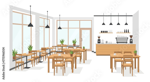 Bright and Airy Coffee Shop Interior with Wooden Furniture and Plants