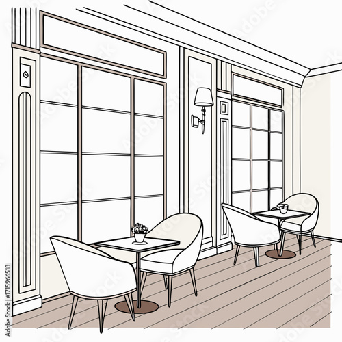 Elegant interior sketch of a cafe with comfortable chairs and tables by large windows