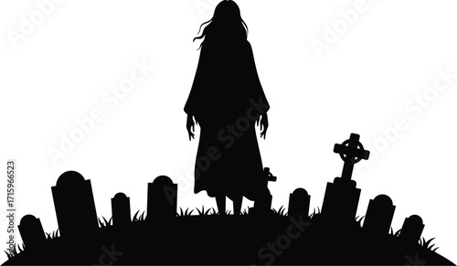 Silhouette of a ghost standing in a graveyard at night
