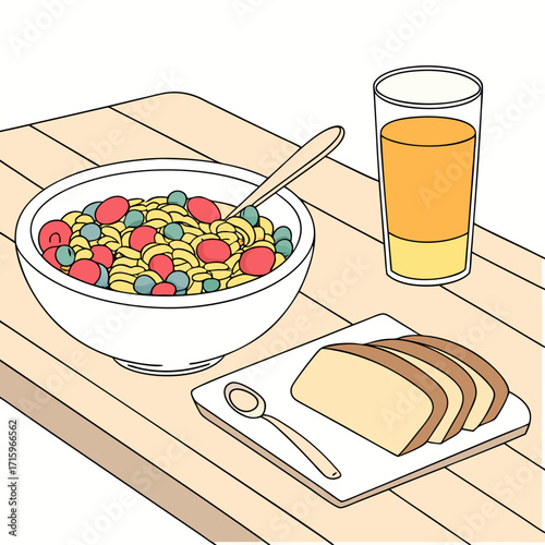 Healthy breakfast of cereal with berries and juice served with toast on a wooden table