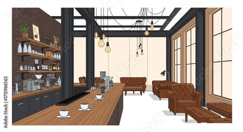 Captivating coffee shop interior illustration showcasing modern cafe design