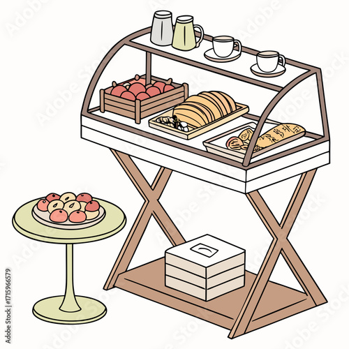 Illustration of a food display case filled with bread fruit and pastries with coffee cups and pitchers on top