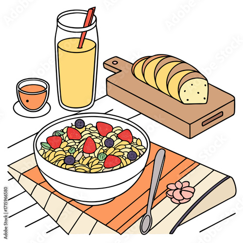 Healthy breakfast spread with cereal bowl sliced bread orange juice and a small cup of tea